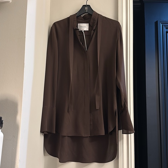 FRAME Neck-Tie Silk Blouse ✨BNWT✨ Relaxed Ling XS Espresso - Picture 2 of 6